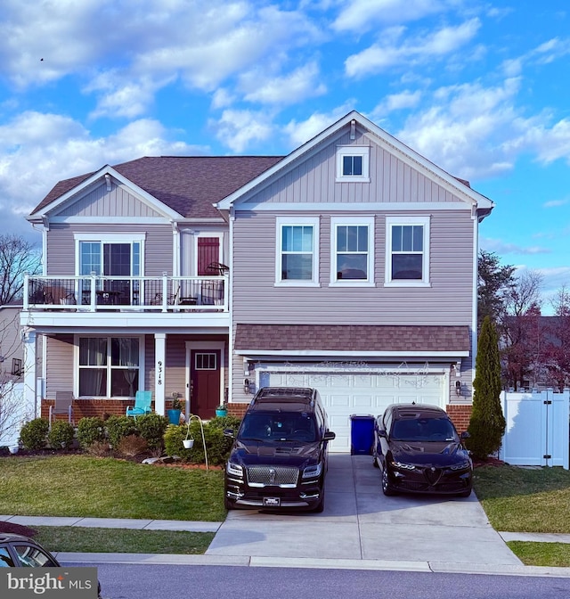 9318 Sydney Way, Laurel, MD 20723 - craftsman inspired home featuring fence, an attached garage, brick siding, board and batten siding, and concrete driveway