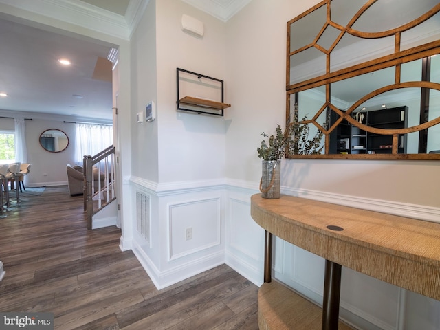 9318 Sydney Way, Laurel, MD 20723 - interior space with crown molding, dark wood finished floors, wainscoting, and stairway