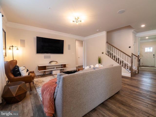 9318 Sydney Way, Laurel, MD 20723 - living room with baseboards, ornamental molding, dark wood finished floors, and stairway