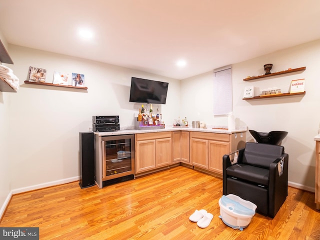 9318 Sydney Way, Laurel, MD 20723 - bar with wet bar, baseboards, wine cooler, recessed lighting, and light wood-style flooring