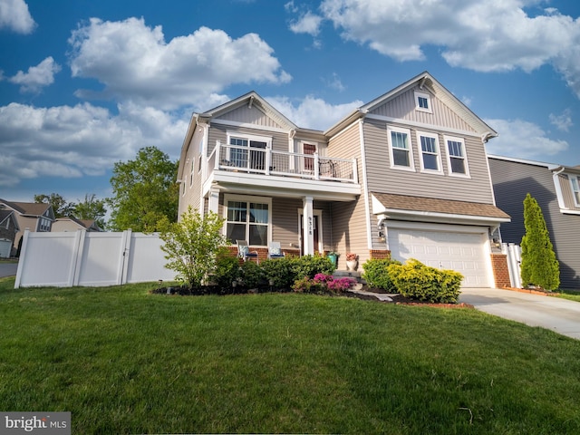9318 Sydney Way, Laurel, MD 20723 - view of front of house with an attached garage, fence, a balcony, board and batten siding, and a porch