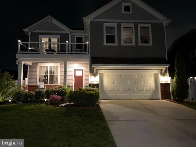 9318 Sydney Way, Laurel, MD 20723 - craftsman-style house with a balcony, brick siding, concrete driveway, an attached garage, and a yard