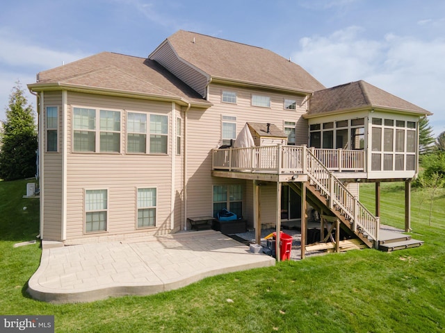 189 Potomac Crossing St, Charles Town, WV 25414 - back of property with a sunroom, a patio, stairway, a lawn, and a deck
