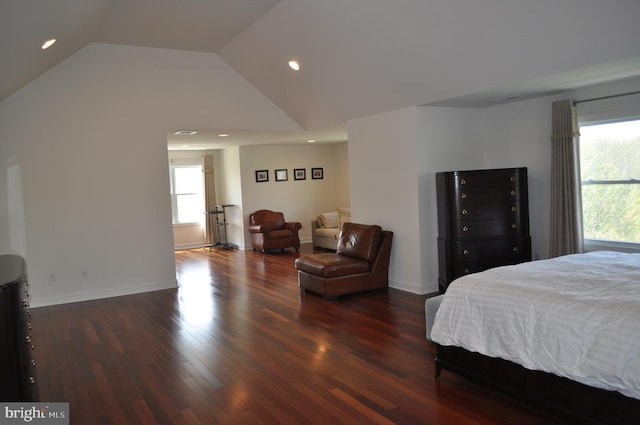 bedroom featuring recessed lighting, wood finished floors, multiple windows, and lofted ceiling