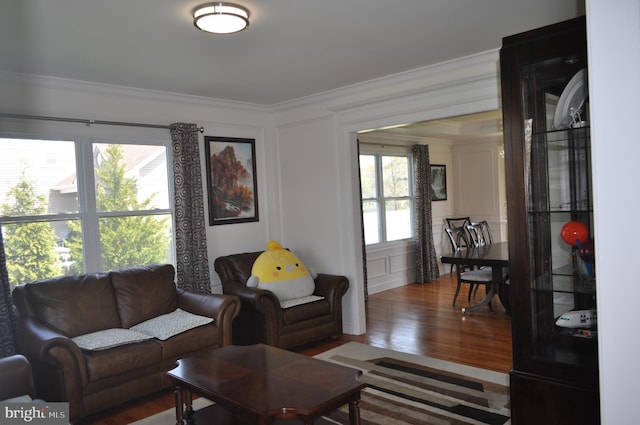 living area featuring ornamental molding and wood finished floors