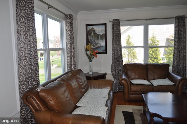 living room featuring crown molding, baseboards, wood finished floors, and plenty of natural light