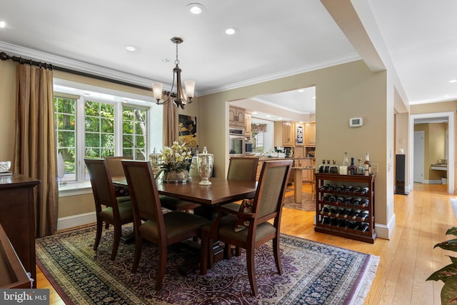 3 Hickory Ln, Chadds Ford, PA 19317 - dining area with a chandelier, ornamental molding, baseboards, light wood-type flooring, and recessed lighting