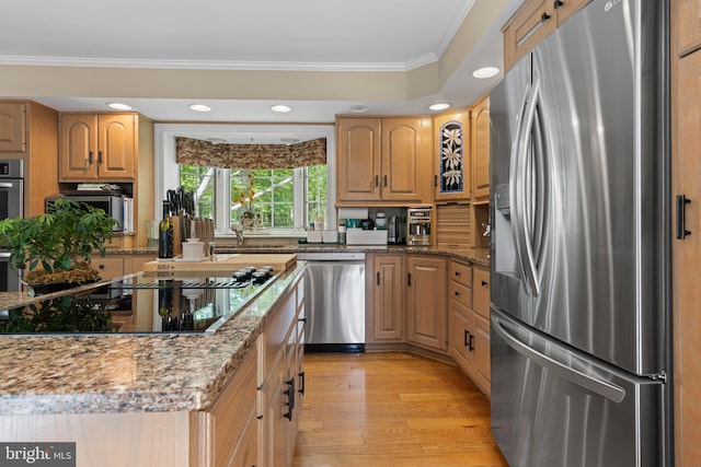 3 Hickory Ln, Chadds Ford, PA 19317 - kitchen featuring stainless steel appliances, crown molding, light stone countertops, light wood-style flooring, and recessed lighting