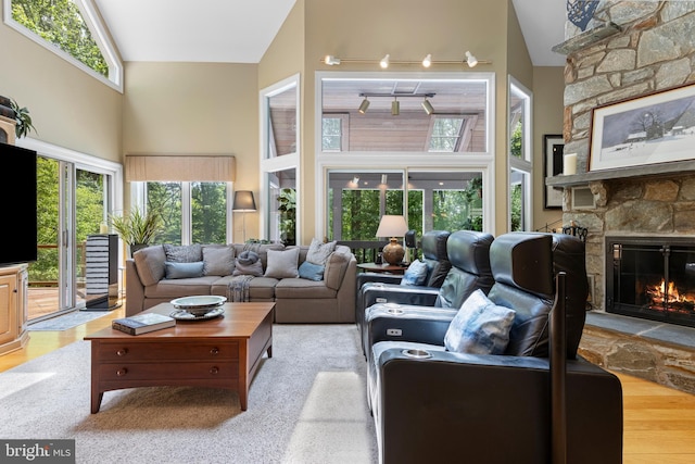 3 Hickory Ln, Chadds Ford, PA 19317 - living area with high vaulted ceiling, a stone fireplace, and wood finished floors