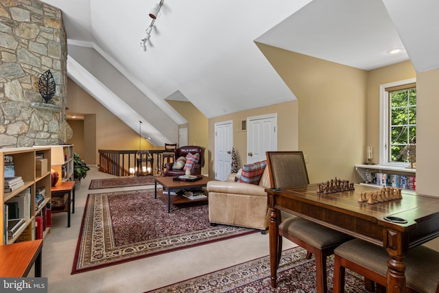 3 Hickory Ln, Chadds Ford, PA 19317 - carpeted dining area featuring lofted ceiling and rail lighting