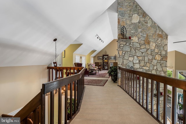 3 Hickory Ln, Chadds Ford, PA 19317 - hall featuring an upstairs landing, lofted ceiling, and carpet floors