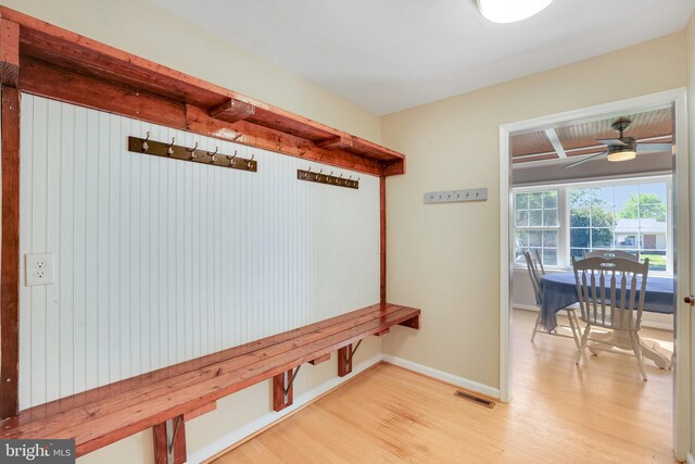 2314 Apple Hill Rd, Alexandria, VA 22308 - mudroom with light wood finished floors, visible vents, ceiling fan, and baseboards