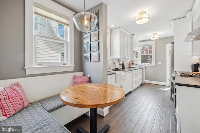 kitchen featuring white cabinetry, dark wood-style flooring, backsplash, and dark countertops