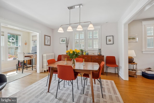 dining room featuring baseboards, light wood-style flooring, and radiator heating unit