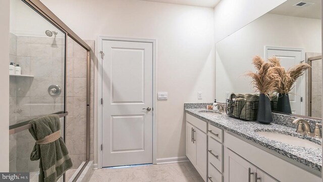 79 Chokeberry Way, Gettysburg, PA 17325 - bathroom featuring visible vents, a shower stall, double vanity, and a sink