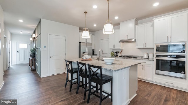 79 Chokeberry Way, Gettysburg, PA 17325 - kitchen featuring a kitchen island with sink, dark wood-style flooring, stainless steel appliances, and under cabinet range hood