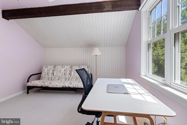 home office with wallpapered walls, carpet flooring, and baseboards