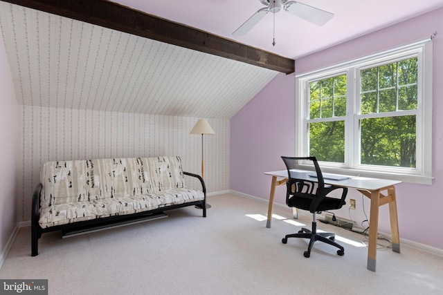 office area featuring carpet, baseboards, ceiling fan, and wallpapered walls