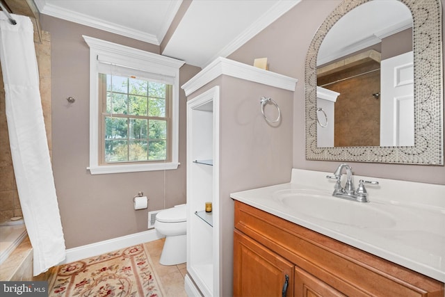 full bathroom featuring vanity, ornamental molding, toilet, baseboards, and a tile shower