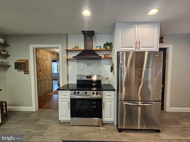 kitchen featuring open shelves, baseboards, premium range hood, white cabinets, and stainless steel appliances