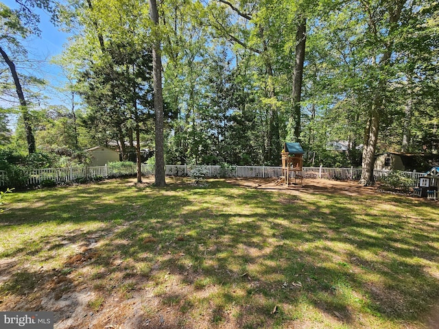 view of yard featuring a fenced backyard and a playground