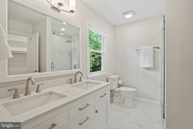 bathroom with a sink, baseboards, a stall shower, and marble finish floor