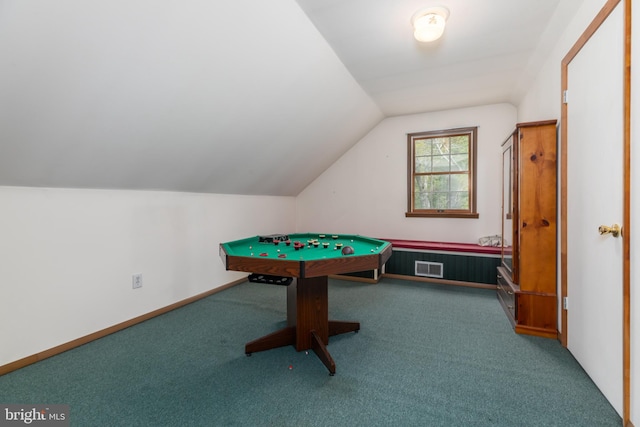 game room featuring carpet flooring, visible vents, and lofted ceiling
