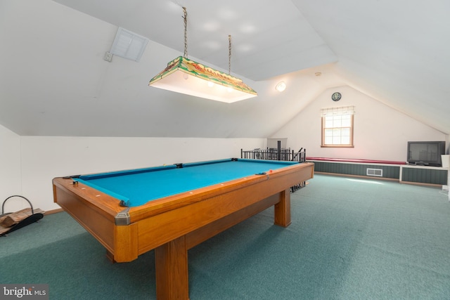game room with pool table, visible vents, carpet, and vaulted ceiling
