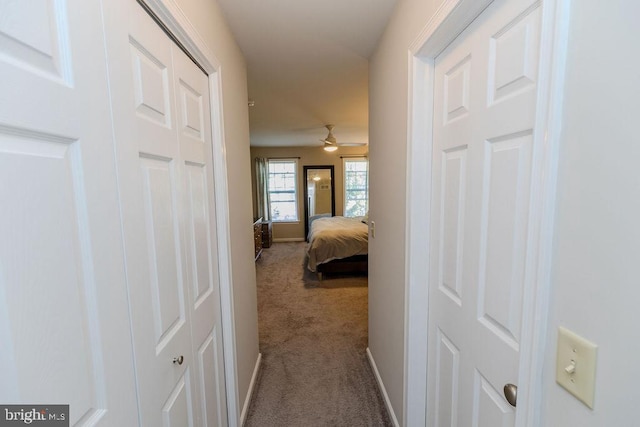 hall featuring baseboards and dark colored carpet