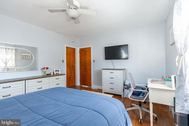 bedroom with a ceiling fan and wood finished floors