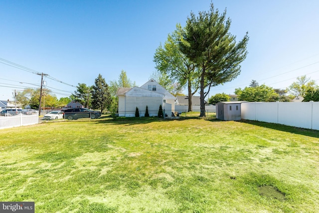 view of yard with a storage shed, an outbuilding, and a fenced backyard