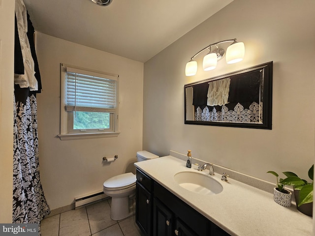 bathroom with a baseboard radiator, tile patterned flooring, toilet, and vanity