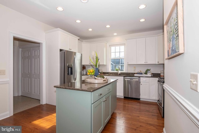 kitchen featuring appliances with stainless steel finishes, recessed lighting, white cabinets, and dark wood-style floors
