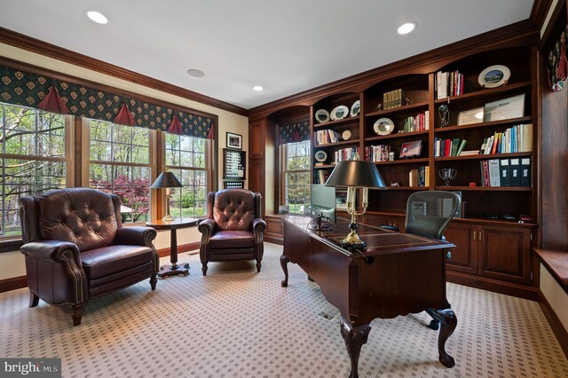 4064 Howell Rd, Malvern, PA 19355 - office area with crown molding, recessed lighting, baseboards, and light colored carpet