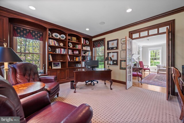 4064 Howell Rd, Malvern, PA 19355 - office area with recessed lighting, baseboards, light colored carpet, and ornamental molding