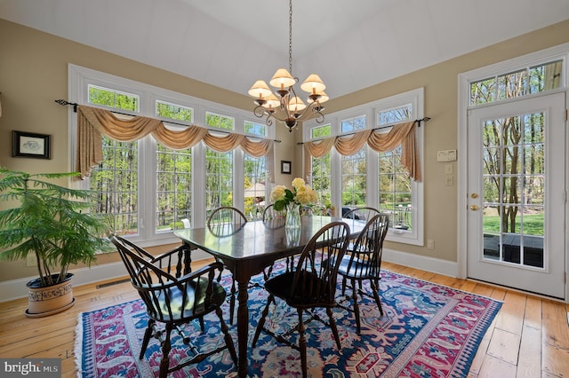 4064 Howell Rd, Malvern, PA 19355 - dining room featuring a chandelier, visible vents, light wood-type flooring, baseboards, and lofted ceiling