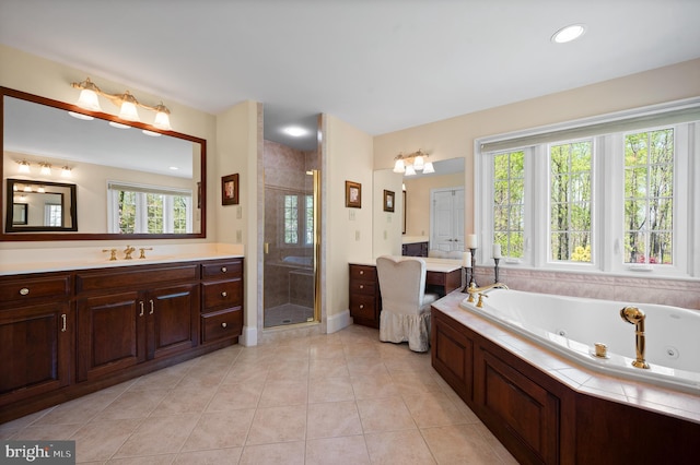 4064 Howell Rd, Malvern, PA 19355 - full bathroom with a jetted tub, vanity, tile patterned flooring, and a stall shower