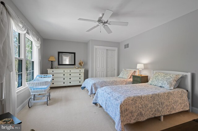 4064 Howell Rd, Malvern, PA 19355 - carpeted bedroom with baseboards, a ceiling fan, a closet, and visible vents