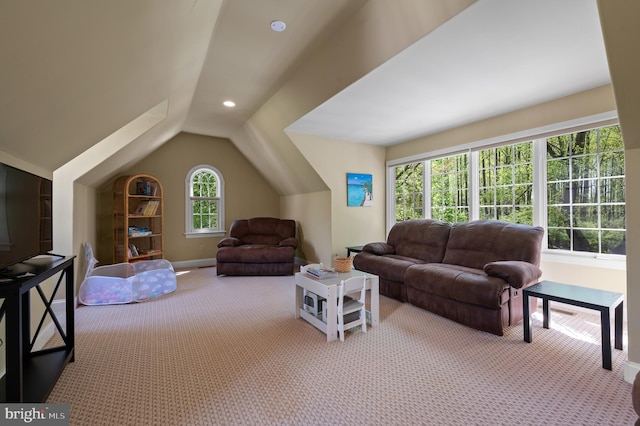 4064 Howell Rd, Malvern, PA 19355 - living room featuring recessed lighting, baseboards, carpet, and lofted ceiling