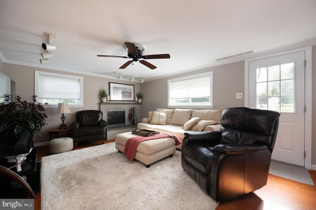 living area with visible vents, ceiling fan, ornamental molding, a fireplace, and wood finished floors