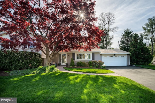 view of front of property featuring a front lawn, driveway, and an attached garage