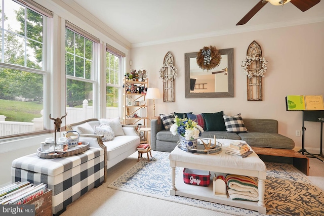8733 Boulder Ridge Rd, Laurel, MD 20723 - living room with carpet flooring, ornamental molding, and ceiling fan