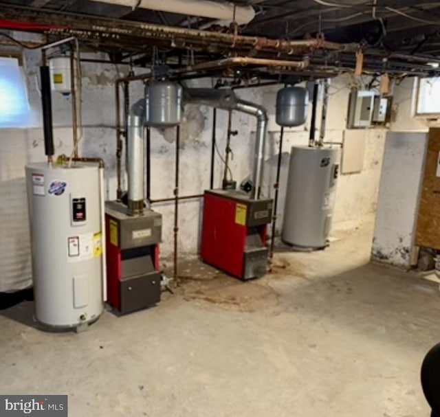 basement with water heater, a heating unit, and electric panel