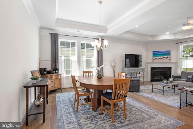 dining space featuring light wood-style flooring, a glass covered fireplace, ceiling fan with notable chandelier, and a tray ceiling