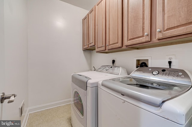 laundry room featuring cabinet space, separate washer and dryer, and baseboards