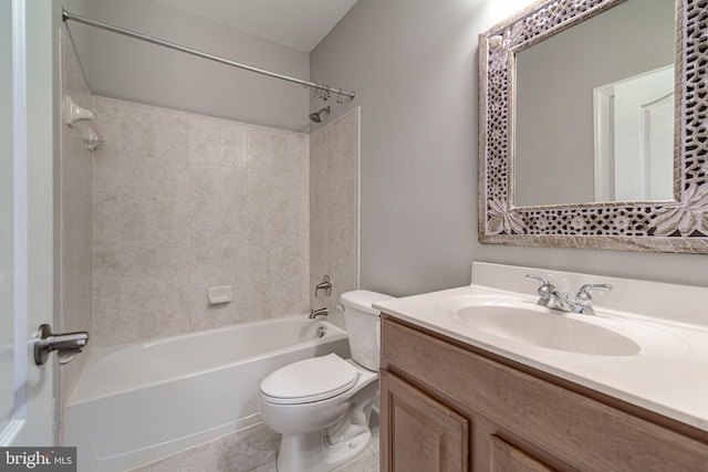 full bath featuring toilet, shower / bath combination, vanity, and tile patterned floors