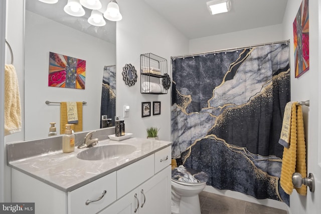 full bathroom with toilet, tile patterned floors, a shower with shower curtain, and vanity