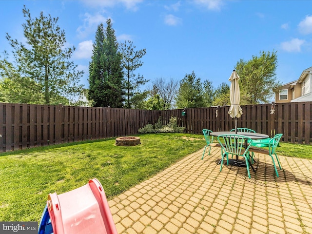 view of patio / terrace featuring an outdoor fire pit, a fenced backyard, and outdoor dining area