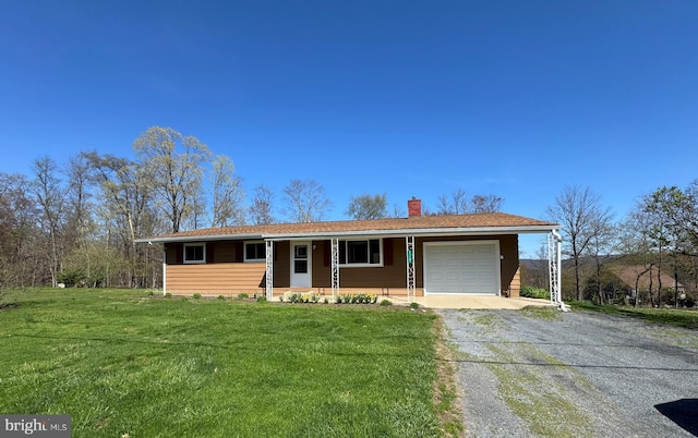 ranch-style house with covered porch, gravel driveway, a front lawn, and an attached garage