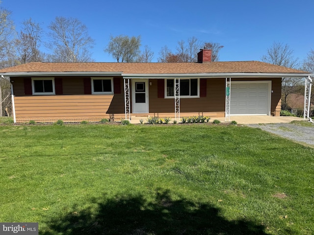 ranch-style house with a front lawn, gravel driveway, an attached garage, and a chimney